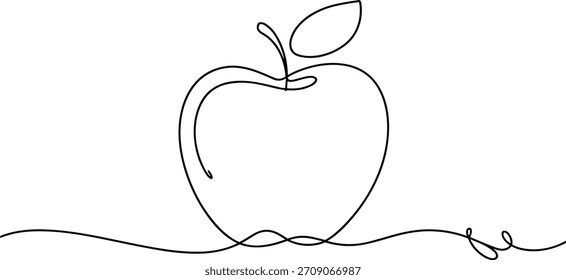 Single line drawing of an apple with stem and leaf