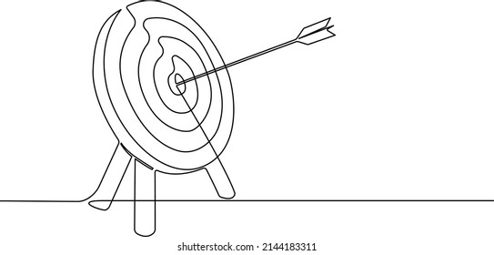 Single Line Drawing Of Archery Target With Arrow In Bullseye, Continuous Line Vector Illustration