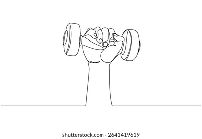 Single Line Drawing Arm Hand Gripping Dumbbell. Strength Training Minimalist Vector. Dumbbell Lifting Hand Icon Fitness and Strength Concept, pro vector minimal.