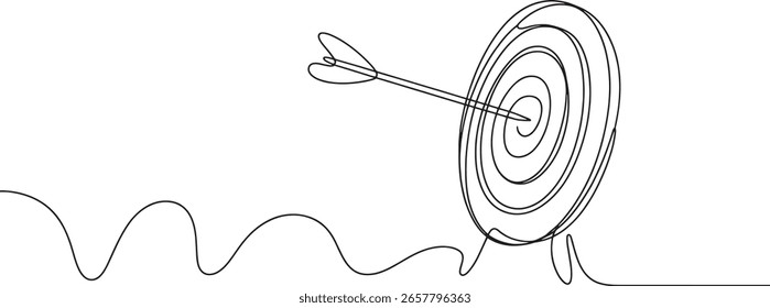 Desenho de linha única de seta batendo no alvo do alvo