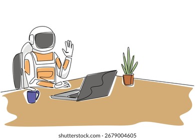 Desenho em linha única de um astronauta acenando para seu notebook, destacando o espaço, a ciência e a comunicação digital em um conceito científico para o Say Hi Day, que conecta galáxias e pessoas.