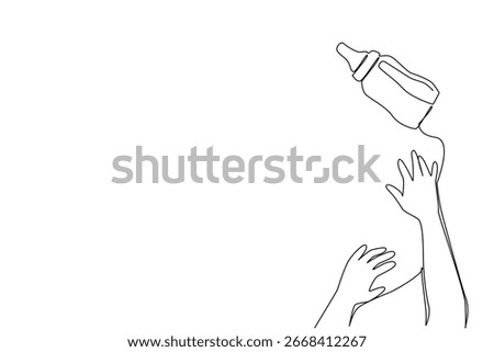 A single line drawing of a baby reaching milk bottle contain formula milk, while being beside their arms, illustrating tenderness, bonding, and nourishment on Infant Feeding Day in a health concept.