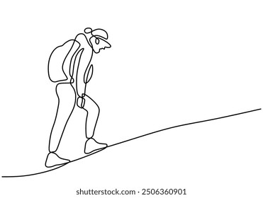 Single line drawing of a backpacker hiker. Traveler carrying a bag, minimalist design of an outdoor adventure.