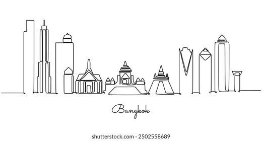 Dibujo de una sola línea del horizonte de la ciudad de Bangkok, Tailandia. Paisaje urbano histórico ideal para arte de pared o carteles con temas de viajes.