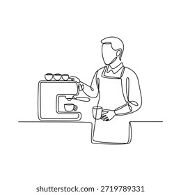 Eine einzeilige Zeichnung eines Baristas, der Kaffee an einer Theke macht