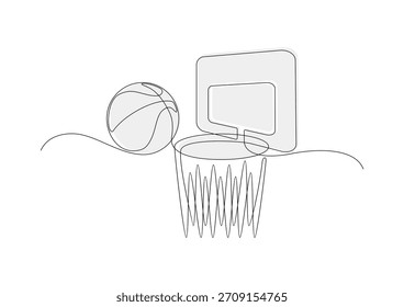 Dibujo de una sola línea de la bola de la cesta y del anillo. Logotipo del deporte de la pelota de baloncesto.