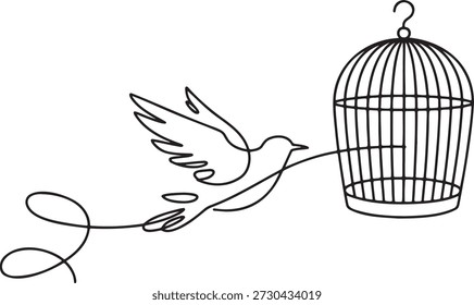 Dibujo de una sola línea de pájaro que escapa de la jaula, simbolizando la libertad y la liberación. Arte elegante y minimalista. Perfecto para conceptos de Autorización, escape, independencia y liberarse de las restricciones.