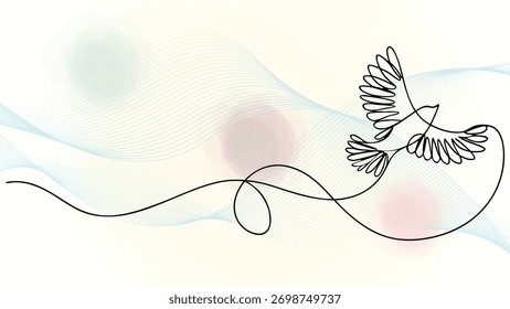 Single Line Drawing a Bird in Flight with Flowing Abstract Waves Soft Blends flying elegant continuous