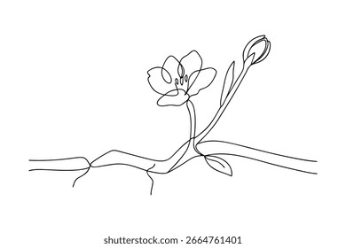 Desenho de linha única de flor florescente e broto botânico