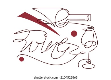 Single line drawing with a bottle, wine glass. A continuous line on a white background. Modern design element for wine tasting, menu, wine list, restaurant, winery, shop, boutique.