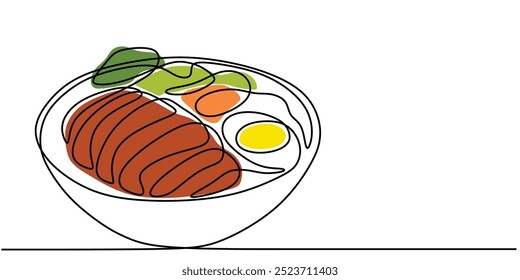 Single line drawing of a bowl of ramen. Clean design representing Japanese cuisine. Vector illustration.