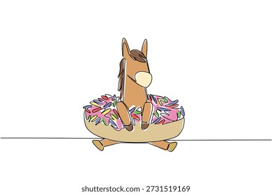 Dibujo de una sola línea de caballo marrón valiente para el concepto de comida pastelera presenta un animal lindo sentado dentro de una rosquilla dulce. El arte colorido representa un tema del día internacional de la comida con un juguetón arte de pony de granja