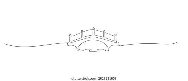 Single line drawing of a bridge over a river. Continuous line drawing of a simple bridge crossing a flowing river. Representing transportation, connection, and infrastructure. Vector illustration.