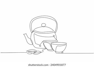 Single line drawing of brown tea on bowl with teapot and tea leaf,  menu design. Happy National Hot Tea Day, 21 April. Calendar of April. World event