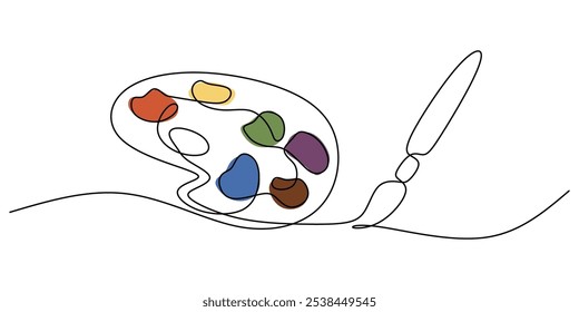 Single line drawing of a brush and painting palette. Artistic tools concept for creative and art-themed designs. Minimalist vector illustration.