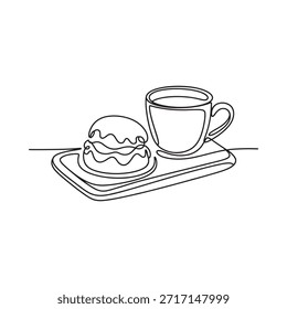 A single line drawing of a burger coffee cup and serving tray