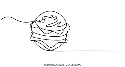 Single line drawing of burger. Fast food hamburger made of one continuous line, vector, Fast Food continuous line drawing with color shapes, burger with continuous one line drawing style. editable.