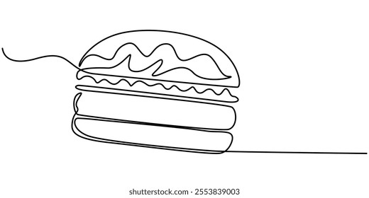 Single line drawing of burger. Fast food hamburger made of one continuous line, vector, Fast Food continuous line drawing with color shapes, burger with continuous one line drawing style. editable.