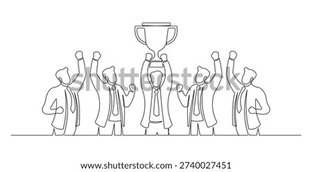 Single line drawing of business team celebrating success and achievement holding trophy award cup vector illustration