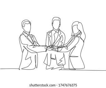 Single line drawing of businessmen and business women handshaking each other. Great teamwork commitment. Business deal concept with continuous line draw style graphic vector illustration