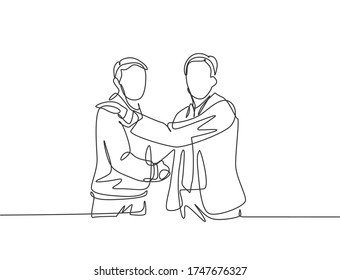 Single line drawing of businessmen handshaking his business partner after getting big project. Great teamwork. Business deal concept with continuous line draw style vector graphic illustration