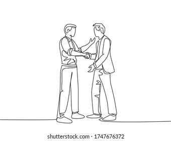 Single line drawing of businessmen handshaking his business partner after their project goal. Great teamwork. Business deal concept with continuous line draw style vector graphic illustration