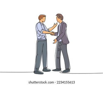 Single line drawing of businessmen handshaking his business partner after their project goal. Great teamwork. Business deal concept with continuous line draw style vector graphic illustration