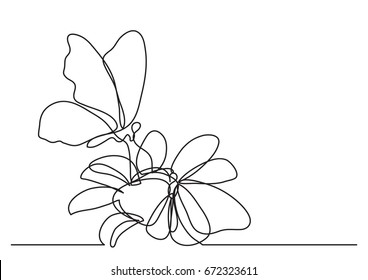 single line drawing of butterfly and flowers