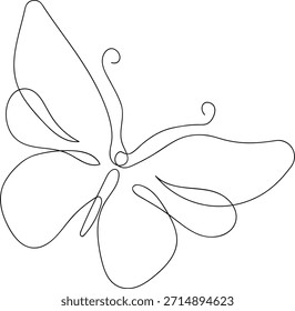 Dibujo de una sola línea de una mariposa con alas que fluyen