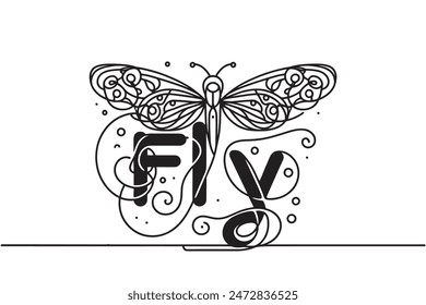 single line drawing of a butterfly. one line graphic illustration of the word fly