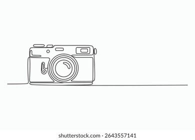 Desenho de linha única de uma câmera sobre um fundo branco. Ilustração minimalista de um dispositivo de fotografia, perfeito para banners de site, posts de mídia social, ou projetos de impressão relacionados à fotografia.