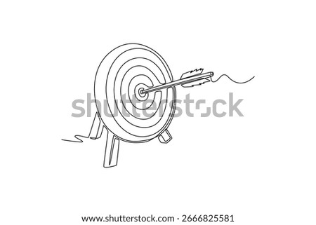 Single line drawing captures a target with one arrow, symbolizing the pursuit of a goal, precision in business, and focused strategic execution. Continuous line draw design graphic vector illustration