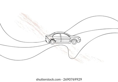Einzeiliges Zeichnen eines Autos eine gekrümmte Straße mit abstrakten Pinselstrichen Fahrzeugtransport