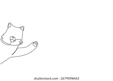 Desenho de linha única de um gato levantando sua pata em uma saudação amigável, criado como uma ilustração de conceito animal para Say Hi Day, simbolizando a brincadeira, calor e conexão alegre.