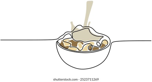 Single line drawing of cereal with milk. Minimalist food design for a breakfast favorite. Vector illustration.
