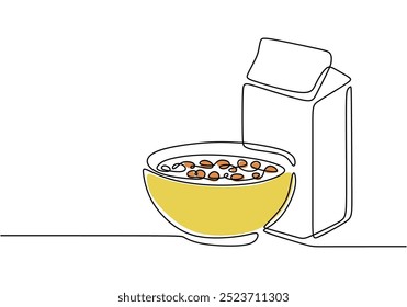 Single line drawing of cereal with milk. Minimalist food design showcasing a breakfast favorite. Vector illustration.