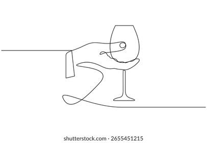Dibujo de una sola línea de una celebración de champán, Manos dibujadas sostienen copas de vino tintineando una línea de arte, Mano vitoreando con copa de champán. Ilustración vectorial. Trazo editable.