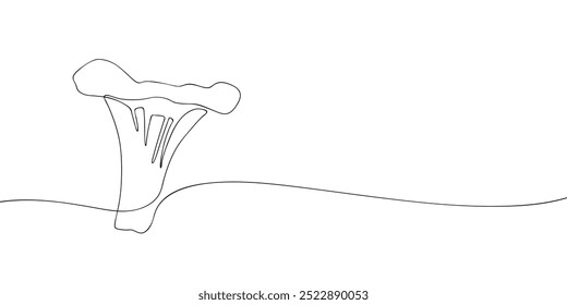 Um desenho de uma única linha de um cogumelo chanterelle. Linha contínua ícone de cogumelo de ação de graças. Ícone de uma linha. Ilustração vetorial.