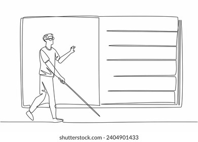 Single line drawing of character man walking with stick and touching a giant braille book, trying to read. World Braille Day event. Communication way