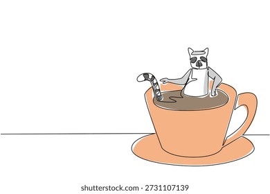 Einzeilige Zeichnung von charmanten lustigen Lemur für Natur Wald Konzept verfügt über süße Tier Einweichen in heißen Kaffeetasse. Bunte Kunst steht für ein internationales Affentag-Thema mit einem verspielten Affen