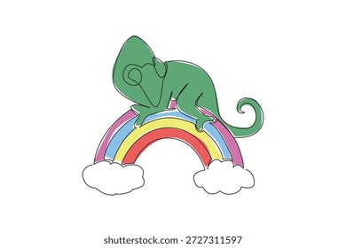 Desenho de linha única de charmoso camaleão verde descansando graciosamente em um arco-íris colorido posicionado acima de flores florescentes. conceito da natureza para réptil bonito perfeito para crianças decoração de parede quarto