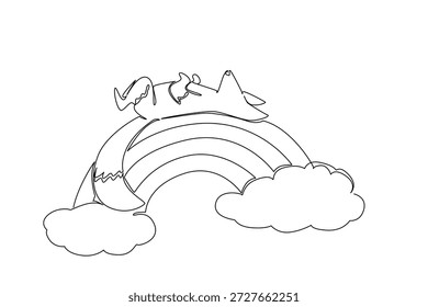 Dibujo de una sola línea de encantador zorro adorable descansando supino cómodamente en su espalda a través de un arco arco iris vibrante enraizado por suaves nubes. Concepto de Naturaleza Woodland Theme para la conservación de la vida silvestre