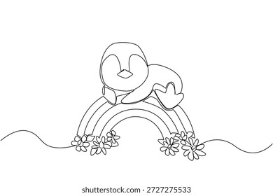 Einzeilige Zeichnung des charmanten Pinguins, der flach auf seinem Bauch über einen mit Blumen verzierten Regenbogenbogen gleitet oder liegt. Naturkonzept für niedliche arktische Tier Thema, perfekt für Kinderzimmer Dekoration