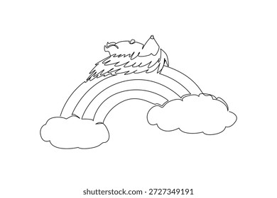 Einzeilige Zeichnung eines charmanten, stachelig kleinen Igels, der auf seinem Rücken in einer Rückenlage auf einem floralen Regenbogenbogen mit flauschigen weichen Wolken liegt. Naturkonzept ein Waldtier für Kinderbekleidung