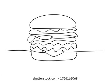Single Line Drawing Of Cheeseburger. Fast Food Hamburger Made Of One Continuous Line, Cafe Menu And Restaurant Concept For Logo. Modern Design Street Food Logotype, Vector Illustration
