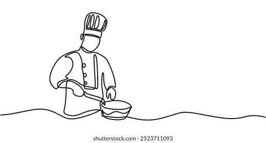 Desenho de linha única de um chef preparando comida na cozinha. Representação simples e moderna da culinária. Ilustração vetorial.