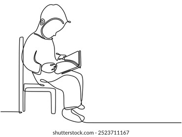 Single line drawing of a child reading. Minimalist depiction of learning and concentration. Vector illustration.