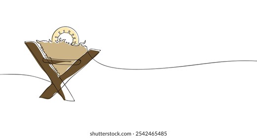 A single line drawing of the Christ in a manger. Continuous line christmas feeder for animals icon in color. One line icon. Vector illustration.