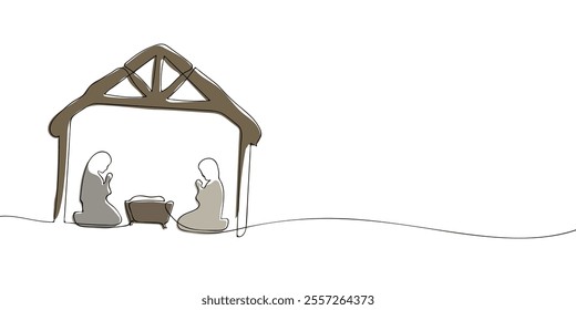 A single line drawing of a christmas scene. Continuous line christmas nativity scene icon in color. One line icon. Vector illustration.