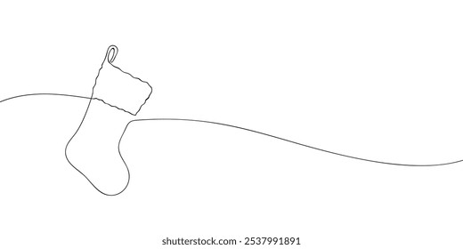 A single line drawing of a a Christmas stocking. Continuous line christmas sock icon. One line icon. Vector illustration.